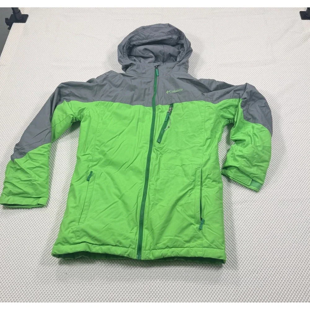 Columbia Kids L Hooded Puffer Jacket Full Zip Green/Gray Ski Winter